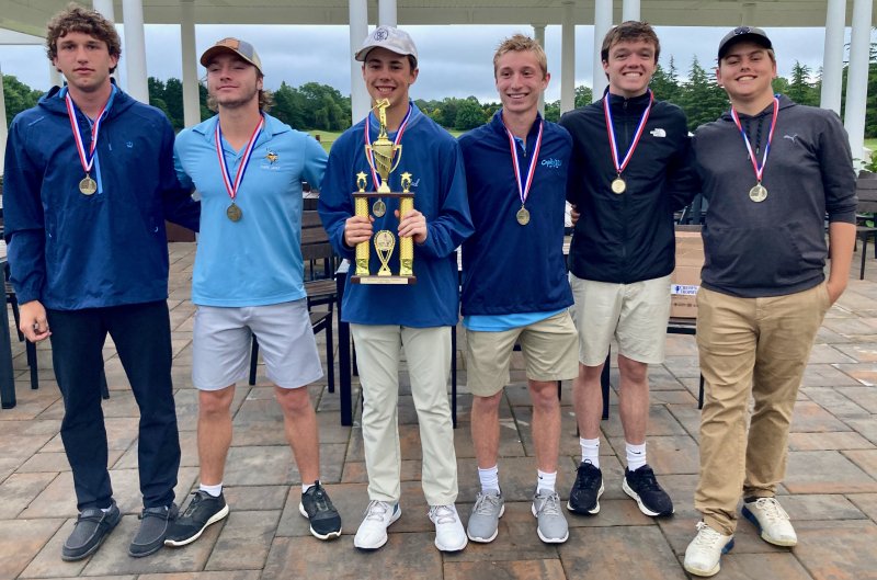 The Cape Henlopen High School golf team celebrates its Henlopen Conference Championship, won in the North/South match against Sussex Academy May 22 at Baywood Greens. Members of the Vikings squad shown are (l-r) Kingston Davis, Jacob Gabbard, Jack Tunnell, Travers Johnson, Tyler Healy and Ryan McNett. FRITZ SCHRANCK PHOTOS